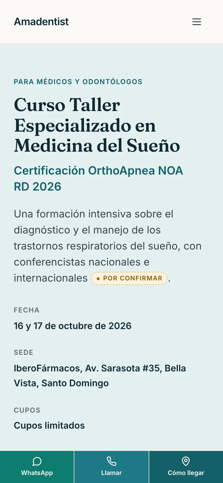 Captura de la página del curso de medicina del sueño de Amadentist en un celular